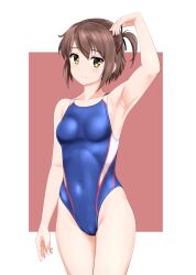 Rule 34 | 1girl, absurdres, arm up, armpits, black ribbon, blue one-piece swimsuit, breasts, brown hair, cameltoe, commission, competition swimsuit, covered navel, etou kanami, hair ribbon, highres, looking at viewer, multicolored clothes, multicolored swimsuit, one-piece swimsuit, one side up, ribbon, short hair, skeb commission, small breasts, solo, swimsuit, takafumi, toji no miko