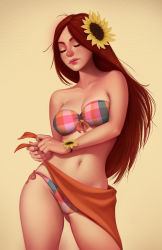 Rule 34 | 1girl, absurdres, bad id, bad pixiv id, bikini, breasts, cleavage, closed eyes, collarbone, cowboy shot, eyelashes, female focus, flower, gradient background, hair flower, hair ornament, highres, league of legends, leona (league of legends), lips, long hair, navel, parted bangs, pool party leona, red hair, solo, standing, sunflower, swimsuit, third-party source, tsuaii, wide hips