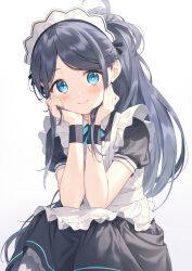 Rule 34 | 1girl, alternate costume, apron, aris (blue archive), aris (maid) (blue archive), black dress, black hair, blue archive, blue eyes, blush, dress, elbows on knees, frilled apron, frilled dress, frills, hands on own cheeks, hands on own face, happy, head rest, highres, long hair, maid apron, maid headdress, ponytail, ruien (wu jui-en), short sleeves, sitting, smile, solo, very long hair, white apron, wristband