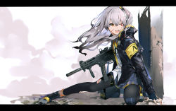 Rule 34 | 1girl, absurdres, arm support, black footwear, black gloves, black jacket, black pantyhose, blood, blue skirt, boots, brown eyes, commentary request, cuts, fang, fingerless gloves, girls&#039; frontline, gloves, gun, h&amp;k ump, h&amp;k ump, hair between eyes, highres, holding, holding gun, holding weapon, injury, jacket, letterboxed, long hair, md5 mismatch, one eye closed, one side up, open clothes, open jacket, open mouth, pantyhose, pleated skirt, resolution mismatch, shirt, silver hair, skirt, solo, source larger, torn clothes, torn pantyhose, ump45 (girls&#039; frontline), v-shaped eyebrows, very long hair, weapon, white shirt, yamano (yamanoh)