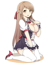 Rule 34 | 1girl, between legs, bow, breasts, brown eyes, brown hair, center opening, cleavage, half updo, hand between legs, hand on own chest, high heels, large breasts, long hair, looking at viewer, maid, original, puffy short sleeves, puffy sleeves, sandarumi, short sleeves, sitting, solo, thighhighs, very long hair, wariza, white thighhighs, wrist cuffs