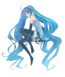 Rule 34 | 1girl, aqua eyes, aqua hair, bad id, bad pixiv id, boots, detached sleeves, hatsune miku, highres, long hair, miniskirt, pleated skirt, simple background, skirt, solo, thigh boots, thighhighs, twintails, very long hair, vocaloid, white background, yuina (artist)