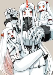 Rule 34 | 10s, 3girls, abyssal ship, airfield princess, bare shoulders, blush, breasts, claws, colored skin, detached sleeves, dress, horns, kantai collection, large breasts, leg lock, long hair, mittens, miyoshi (triple luck), multiple girls, northern ocean princess, pale skin, red eyes, ribbed dress, seaport princess, short dress, sideboob, single horn, standing leg lock, very long hair, white dress, white hair, white skin