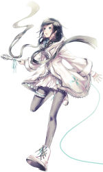 Rule 34 | 1girl, applekun, black hair, bloom, boots, braid, cable, cross-laced footwear, dress, floral print, full body, green eyes, highres, holding, holding microphone stand, jacket, lace-up boots, bridal garter, leg up, long hair, looking up, microphone stand, ribbon, side braids, simple background, solo, thighhighs, twin braids, utau, very long hair, white background, white dress, white footwear, white jacket, wide sleeves, xia yu yao