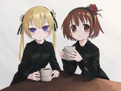 Rule 34 | 2girls, absurdres, bad id, bad twitter id, blonde hair, brown eyes, brown hair, closed mouth, coffee mug, cup, flower, gishiki (gshk), hair flower, hair ornament, hairband, highres, holding, kill me baby, looking at viewer, mug, multiple girls, oribe yasuna, parted lips, purple eyes, red flower, short hair, simple background, smile, sonya (kill me baby), twintails, white background