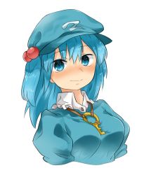 Rule 34 | 1girl, blue eyes, blue hair, blue hat, blue shirt, blush, closed mouth, collared shirt, hair bobbles, hair ornament, hat, jewelry, kawashiro nitori, key, key necklace, long hair, looking at viewer, megame (okbnkn), necklace, shirt, simple background, solo, touhou, upper body, white background, wing collar