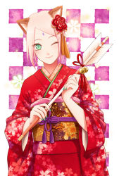 Rule 34 | 1girl, ;), animal ear fluff, animal ears, boruto: naruto next generations, facial mark, floral print, green eyes, green nails, haruno sakura, highres, holding, japanese clothes, kemonomimi mode, kimono, looking at viewer, mochiii-s, nail polish, naruto (series), new year, obi, one eye closed, parted bangs, pink hair, print kimono, purple ribbon, red kimono, ribbon, sash, short hair, smile, solo, standing, yukata