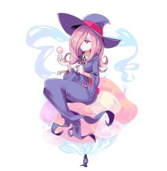 Rule 34 | 1girl, enma (enmanuelart), female focus, full body, hair over one eye, hat, little witch academia, pink hair, red eyes, simple background, sitting, solo, sucy manbavaran, white background, witch hat