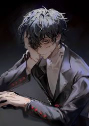 1boy amamiya_ren binxngchng1 black_hair black_jacket blood blood_on_face buttons gradient_background grey_eyes hair_between_eyes hand_on_own_cheek hand_on_own_face highres injury jacket long_sleeves looking_at_viewer male_focus messy_hair parted_lips persona persona_5 shirt solo suit_jacket upper_body white_shirt