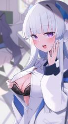 Rule 34 | 2girls, absurdres, aur hkgn, black bra, blue archive, blurry, blurry background, blush, bra, breasts, buttons, cleavage, grey hair, headphones, highres, jacket, large breasts, long hair, long sleeves, looking at viewer, multiple girls, noa (blue archive), open mouth, purple eyes, purple hair, shirt, smile, solo focus, two-sided fabric, two-sided jacket, underwear, white shirt, yuuka (blue archive)