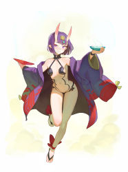 Rule 34 | 1girl, alcohol, ankle ribbon, bare shoulders, barefoot, barefoot sandals (jewelry), blush, bob cut, breasts, collarbone, cup, eyeliner, fate/grand order, fate (series), feet, forehead jewel, full body, headpiece, highres, hip focus, horns, japanese clothes, kimono, leg ribbon, legs, looking at viewer, makeup, navel, oni, open clothes, open kimono, pointy ears, purple eyes, purple hair, purple kimono, revealing clothes, ribbon, sakazuki, sake, short eyebrows, short hair, shuten douji (fate), simple background, skin-covered horns, small breasts, solo, thighs, timbougami, white background, wide sleeves
