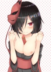 Rule 34 | 1girl, black hair, blush, breasts, cleavage, commentary request, gift, hair ornament, hairclip, highres, large breasts, long hair, looking at viewer, mask, mask on head, mole, mole under eye, nipple slip, nipples, red eyes, reinama, ribbon, solo, upper body, yellow ribbon