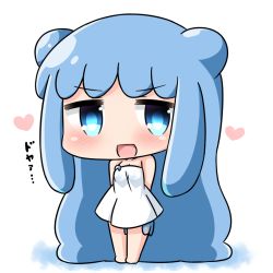 Rule 34 | 1girl, :d, absurdly long hair, arms behind head, bare shoulders, barefoot, blue eyes, blue hair, blush, chibi, collarbone, commentary request, double bun, dress, full body, hair bun, half slime-chan, hana kazari, heart, long hair, looking at viewer, monster girl, open mouth, original, slime girl, smile, solo, standing, strapless, strapless dress, translation request, v-shaped eyebrows, very long hair, white dress