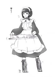 Rule 34 | 1girl, apron, ballet boots, ballet heels, bdsm, boots, cross-laced footwear, flying sweatdrops, full body, high heel boots, high heels, lace-up boots, maid, maid apron, maid headdress, monochrome, open mouth, shirley (manga), shirley medison, short hair, simple background, solo, teapot, tray, trembling, ufo koikoi, white background