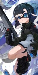 Rule 34 | 1girl, black footwear, black gloves, black hair, black jacket, blue eyes, breasts, can, drink, drink can, gloves, hair ornament, hairclip, highres, holding, holding can, holding drink, holding weapon, inkling, inkling girl, inkling player character, jacket, long hair, multicolored clothes, multicolored jacket, n-zap (splatoon), nintendo, pointy ears, rukaill k, shoes, solo, splatoon (series), splatoon 3, standing, standing on one leg, sweatdrop, tacticooler (splatoon), tentacle hair, two-tone gloves, two-tone jacket, wavy mouth, weapon, white jacket