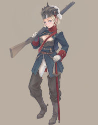 Rule 34 | 1girl, blonde hair, blue eyes, boots, cleavage cutout, clothing cutout, gloves, gun, helmet, musket, original, rifle, simple background, smile, solo, sword, weapon, weno