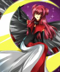 Rule 34 | 1990s (style), 1boy, bad id, bad pixiv id, cardcaptor sakura, double bun, gloves, long hair, male focus, moon, open mouth, porukan, red eyes, red hair, ruby moon, sitting, solo, wings