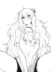 Rule 34 | 1girl, animal ears, between legs, black choker, breasts, choker, commentary, denim, denim shorts, double-parted bangs, ear piercing, greyscale, hand between legs, highres, hololive, large breasts, lion ears, long hair, looking at viewer, looking down, loose clothes, loose shirt, messy hair, monochrome, no bra, not nodu, piercing, shirt, shishiro botan, shishiro botan (casual), short shorts, short sleeves, shorts, sidelocks, simple background, single bare shoulder, smug, solo, spread legs, t-shirt, thick thighs, thighs, virtual youtuber, white background