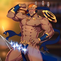 Rule 34 | 1boy, abs, bara, bare pectorals, blonde hair, blue hair, blurry, blurry background, blush, bulge, censored, cropped, cropped legs, cum, dark blue hair, ejaculation, erection, facial hair, flexing, floating, floating object, goatee, gyee, hand on own hip, large pectorals, lightning, long sideburns, lvlv, male focus, multicolored hair, muscular, navel, nipples, orange eyes, paid reward available, pectorals, pelvic curtain, penis, pointy ears, raikoh (paradiso guardian), revealing clothes, short hair, sideburns, smile, solo, testicles, thick thighs, thighs, veins