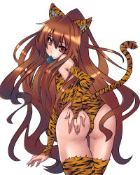 Rule 34 | 00s, 1girl, aisaka taiga, animal costume, animal ears, animal print, ass, ass grab, blush, bridal gauntlets, brown eyes, brown hair, cat ears, cat tail, condom, condom in mouth, costume, flat chest, from behind, grabbing own ass, long hair, looking back, makai, mouth hold, simple background, solo, tail, thigh gap, thighhighs, thighs, tiger costume, tiger print, toradora!, very long hair