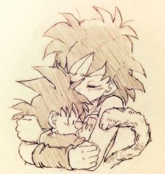 Rule 34 | 1boy, 1girl, black hair, closed eyes, dragon ball, gine, hetero, hug, monochrome, mother and son, open mouth, simple background, son goku, spiked hair, tail, tkgsize, traditional media, wristband