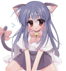 Rule 34 | 1girl, animal ears, bell, black skirt, blue hair, blush, bow, cat ears, cat tail, furude rika, highres, higurashi no naku koro ni, kemonomimi mode, long hair, looking at viewer, mizuno (mizunomageko), neck bell, open mouth, pink bow, shirt, simple background, sitting, skirt, socks, solo, tail, tail bow, tail ornament, wariza, white background, white shirt, white socks