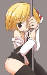 Rule 34 | 1girl, blonde hair, hair ribbon, jagabutter, off shoulder, pole, pole dancing, red eyes, ribbon, rumia, shirt, short hair, simple background, smile, solo, stripper pole, touhou, vest