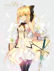Rule 34 | 1girl, ahoge, artoria pendragon (all), artoria pendragon (fate), astarone, bare shoulders, black pantyhose, blonde hair, bow, dress, excalibur (fate/stay night), fate/stay night, fate/unlimited codes, fate (series), gloves, green eyes, hair bow, hair ribbon, long hair, pantyhose, ponytail, ribbon, saber (fate), saber lily, solo, sword, weapon, white gloves