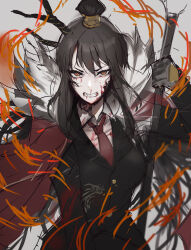 Rule 34 | 1girl, absurdres, black gloves, black hair, black jacket, black pants, blood, blood on clothes, blood on face, breasts, cape, chuhaibane, clenched teeth, e.g.o (project moon), fur-trimmed cape, fur trim, gloves, guan dao, hair bun, highres, holding, holding weapon, horns, jacket, library of ruina, long hair, medium breasts, necktie, pants, polearm, project moon, red cape, red eyes, red necktie, sidelocks, solo, teeth, very long hair, weapon, xiao (project moon)