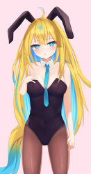 Rule 34 | 1girl, absurdres, ahoge, animal ears, blonde hair, blue eyes, blue hair, blush, breasts, commentary request, ear covers, ear ornament, hair between eyes, highres, horse ears, horse girl, horse tail, kudo (user dzch8572), long hair, looking at viewer, medium breasts, multicolored hair, neo universe (umamusume), partial commentary, simple background, solo, tail, two-tone hair, umamusume