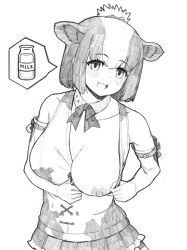 Rule 34 | 1girl, :d, animal ears, animal print, bare shoulders, blush, bottle, breasts, collarbone, commentary, cow ears, cow print, deku suke, detached collar, elbow gloves, extra ears, gloves, greyscale, highres, holstein friesian cattle (kemono friends), kemono friends, large breasts, milk bottle, monochrome, multicolored hair, nipples, one breast out, open mouth, short hair, simple background, smile, solo, spoken object, two-tone hair