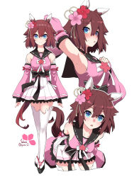 Rule 34 | 1girl, animal ears, arm up, armpits, arms at sides, arms behind back, black gloves, blue eyes, blush, bow, bowtie, breasts, brown hair, character name, closed mouth, collarbone, cropped legs, detached sleeves, fingerless gloves, flower, fujii jun, full body, gloves, hair flower, hair ornament, horse ears, horse girl, horse tail, leaning forward, looking at viewer, medium breasts, multiple views, okobo, parted lips, pink shirt, sailor collar, sakura chiyono o (umamusume), sandals, sash, shirt, short hair, simple background, skirt, smile, sweatdrop, tail, thighhighs, umamusume, white background, white skirt, white thighhighs