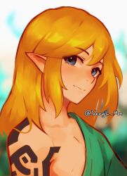 Rule 34 | 1boy, absurdres, archaic set (zelda), blonde hair, blue eyes, closed mouth, hadanugi dousa, head tilt, highres, japanese clothes, kimono, link, looking at viewer, male focus, medium hair, nintendo, open clothes, open kimono, pointy ears, shoulder tattoo, smile, solo, tattoo, the legend of zelda, the legend of zelda: breath of the wild, the legend of zelda: tears of the kingdom, vergil mon