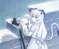 Rule 34 | 1girl, @ @, animal ears, blue eyes, blue nails, bullet hole, cat ears, cat tail, commentary request, concrete, cowboy shot, from behind, fur-trimmed jacket, fur trim, grey hair, grey jacket, grey skirt, gun, handgun, jacket, long hair, long sleeves, looking at viewer, looking back, magari (c0rn3r), mass production nora cat, mechanical ears, mechanical tail, nora cat channel, open mouth, skirt, snow cat, solo, standing, sword, tail, weapon, wide sleeves