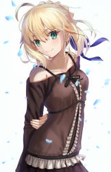 Rule 34 | 1girl, ahoge, artoria pendragon (all), artoria pendragon (fate), bare shoulders, blonde hair, blue ribbon, blush, braid, brown dress, brown skirt, closed mouth, collarbone, commentary request, dress, fate/grand order, fate/hollow ataraxia, fate/stay night, fate (series), french braid, green eyes, hair between eyes, hair ribbon, highres, long sleeves, looking at viewer, neko daruma, off-shoulder dress, off shoulder, official alternate costume, petals, pinafore dress, ribbon, saber (fate), short hair, sidelocks, skirt, skirt under dress, sleeveless dress, smile, solo, white background