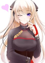 Rule 34 | 1girl, absurdres, black dress, blonde hair, breasts, closed mouth, commission, corset, dress, finger to mouth, g3 (girls&#039; frontline), g3 (mod3) (girls&#039; frontline), girls&#039; frontline, hair ornament, heart, highres, light blush, long hair, long sleeves, looking at viewer, medium breasts, one eye closed, pixiv commission, purple eyes, simple background, solo, sorayan 03, upper body, white background