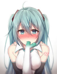 Rule 34 | 1girl, ahoge, akira (been0328), aqua eyes, aqua hair, bad id, bad pixiv id, black sleeves, blush, breasts, collared shirt, covered erect nipples, detached sleeves, fellatio, food in mouth, gradient background, grey background, hair between eyes, hair ornament, hatsune miku, long hair, looking at viewer, medium breasts, nose blush, oral, sexually suggestive, shirt, simulated fellatio, sleeveless, sleeveless shirt, solo, spring onion, sweat, twintails, upper body, very long hair, vocaloid, white background, white shirt