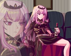 Rule 34 | 1girl, bottle, commentary, couch, death-sensei (mori calliope), depressed, dress, english commentary, hololive, hololive english, long hair, looking afar, meme, mori calliope, on couch, pink eyes, pink hair, redlettermedia, rich evans, single thighhigh, sitting, slouching, solo, thighhighs, tiara, veil, virtual youtuber, wine bottle, zetxune, zoom layer