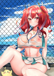 Rule 34 | 1girl, absurdres, arm behind back, azur lane, bare legs, bare shoulders, beach, bird, blue sky, blush, breasts, bremerton (azur lane), bremerton (scorching-hot training) (azur lane), chain-link fence, chick, cleavage, cloud, collarbone, collared shirt, commentary request, covered erect nipples, cowboy shot, crop top, crop top overhang, day, fence, green skirt, grey hair, groin, hair between eyes, hair intakes, hair ornament, hairclip, hand on own knee, heart, heart necklace, highres, jewelry, knee up, large breasts, lens flare, light rays, long hair, looking at viewer, manjuu (azur lane), midriff, miniskirt, multicolored hair, navel, necklace, no mole, ocean, outdoors, pink eyes, pink hair, sand, see-through, shirt, sidelocks, sitting, skirt, sky, sleeveless, sleeveless shirt, smile, solo focus, sportswear, streaked hair, sunbeam, sunlight, sweat, tennis uniform, twintails, two-tone hair, two-tone shirt, two-tone skirt, wet, wet clothes, wet shirt, white shirt, white skirt, x hair ornament, yuu makoto