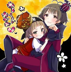 Rule 34 | 10s, 2boys, ahoge, akizuki ryo, alternate costume, arm around back, bandana, bat wings, black nails, blush, brown eyes, brown hair, cape, child, crown, flower, green eyes, grin, hand on another&#039;s back, hand on another&#039;s chest, himeno kanon, idolmaster, idolmaster side-m, looking at viewer, male focus, mini crown, multiple boys, nail polish, open mouth, pirate costume, short hair, smile, wings, yuzuki ryouta