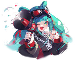 Rule 34 | 1girl, ;d, absurdres, aqua eyes, aqua hair, bare shoulders, black jacket, black shirt, chain, commentary request, cropped torso, goggles, goggles on head, hatsune miku, heart, highres, holding, holding megaphone, jacket, long hair, long sleeves, looking at viewer, megaphone, nail polish, one eye closed, open clothes, open jacket, open mouth, puffy long sleeves, puffy sleeves, red nails, shirt, simple background, sleeveless, sleeveless shirt, smile, solo, twintails, upper body, very long hair, vocaloid, wang man, white background