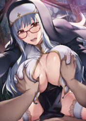 Rule 34 | 1boy, 1girl, breasts, breasts out, covered erect nipples, dark-skinned male, dark skin, glasses, grabbing, grabbing another&#039;s breast, highres, huge breasts, nun, open mouth, original, pov, revealing clothes, see-through, sex, straddling, tsuki tokage, veil, white hair