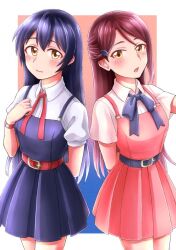 Rule 34 | 2girls, :o, arm behind back, belt, blue belt, blue dress, blue hair, blue ribbon, blush, collared shirt, commentary request, cowboy shot, dark blue hair, dress, gradient background, hand on own chest, hand up, in-franchise crossover, long hair, love live!, love live! sunshine!!, matching outfits, multiple girls, namiko817, neck ribbon, neckerchief, pinafore dress, pleated dress, puffy short sleeves, puffy sleeves, red belt, red dress, red hair, red ribbon, reverse palettes, ribbon, sakurauchi riko, shirt, short sleeves, side-by-side, sleeveless, sleeveless dress, sonoda umi, standing, swept bangs, watch, white shirt, wristwatch, yellow eyes
