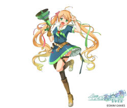 Rule 34 | 1girl, :d, ahoge, belt, blonde hair, blue dress, boots, breasts, brown footwear, brown gloves, brown thighhighs, company name, copyright name, dress, fingerless gloves, full body, gloves, green eyes, hair ornament, hands up, idiom girl, looking at viewer, megaphone, official art, open mouth, simple background, single glove, single thighhigh, small breasts, smile, solo, standing, standing on one leg, thighhighs, twintails, uzuki hiro, watermark, white background, wristband