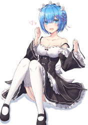 Rule 34 | 1girl, :d, apron, back bow, bad id, bad pixiv id, black dress, black footwear, blue eyes, blue hair, blush, bow, breasts, cleavage, convenient leg, detached sleeves, dress, flower knot, frilled apron, frilled sleeves, frills, full body, garter straps, hair ornament, hair ribbon, hairclip, hands up, heart, highres, knees up, long sleeves, looking at viewer, maid, mary janes, medium breasts, neon (hhs9444), open mouth, purple ribbon, re:zero kara hajimeru isekai seikatsu, rem (re:zero), ribbon, shoes, short hair, simple background, sitting, smile, solo, strap slip, thighhighs, underbust, waist apron, white apron, white background, white bow, white thighhighs, x hair ornament