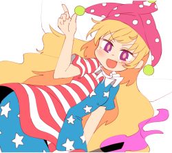 Rule 34 | 1girl, american flag dress, american flag legwear, blonde hair, clownpiece, dress, fairy wings, fang, hat, index finger raised, ini (inunabe00), jester cap, long hair, looking at viewer, neck ruff, open mouth, pantyhose, polka dot, purple eyes, short dress, short sleeves, simple background, smile, solo, star (symbol), star print, striped clothes, striped dress, torch, touhou, very long hair, wavy hair, white background, wings