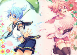 Rule 34 | 2boys, blue eyes, blue hair, cherry, chiyu (silverxxxx), dual persona, flower, food, fruit, grin, kagamine len, leaf umbrella, male focus, multiple boys, navel, outstretched arm, pink hair, ponytail, puffy short sleeves, puffy sleeves, sakura len, short sleeves, shorts, smile, strawberry, thighhighs, transparent, vocaloid, water, water drop, wet, wet hair