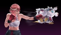 1girl abs alternate_costume aragiken bare_shoulders blue_eyes blush boxing boxing_gloves breasts hair_between_eyes hair_wings head_wings highres hololive large_breasts muscular muscular_female open_mouth pink_hair punching short_hair solo sweat takane_lui virtual_youtuber wings