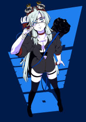 Rule 34 | 1girl, alternate costume, arm at side, bandages, black footwear, black thighhighs, blood, blood stain, blue background, blue eyes, blue ribbon, boots, breasts, cable, cleavage, dagger, eyelashes, eyepatch, from above, full body, goggles, goggles on head, gun, highres, hood, hood down, hooded jacket, hook, jacket, jin chongtian, knife, legs apart, liquid, looking at viewer, machine gun, mole, pale skin, parted lips, ribbon, short sleeves, silver hair, solo, stab, standing, stitches, swept bangs, text background, text focus, thigh strap, thighhighs, unzipped, vocaloid, vocanese, weapon, weapon on back, zhanyin lorra