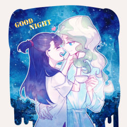 Rule 34 | 2girls, blonde hair, brown hair, couple, cup, diana cavendish, english text, hand on another&#039;s back, happy, heart, kagari atsuko, little witch academia, long hair, looking at another, milk puppy, multicolored hair, multiple girls, night, night sky, sky, smile, star (sky), starry sky, teacup, two-tone hair, wavy hair, yuri